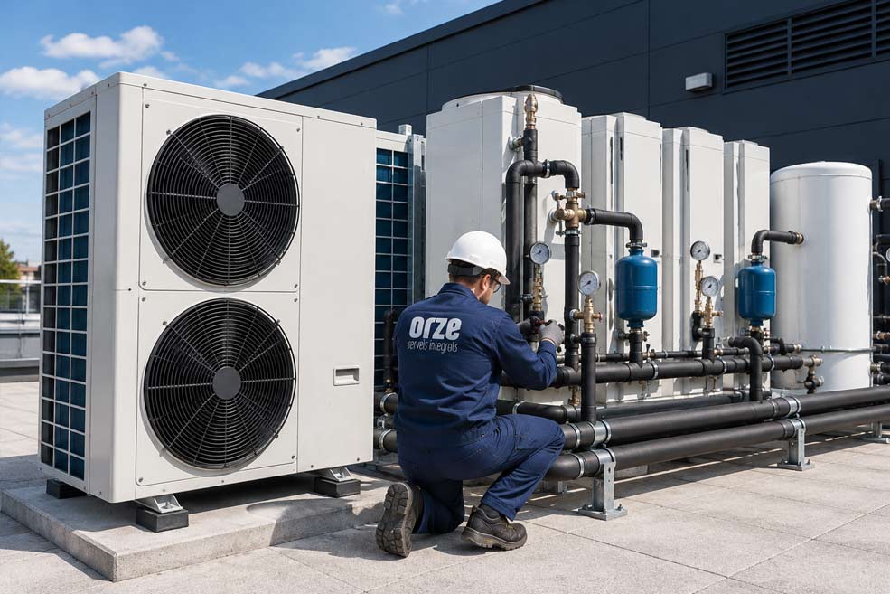 Un técnico con uniforme azul y casco blanco trabaja en un gran sistema de agua industrial y de climatización (HVAC) en una azotea. El sistema consta de grandes ventiladores y múltiples tuberías interconectadas con manómetros. Al fondo se ve un cielo azul despejado y parte de un edificio.