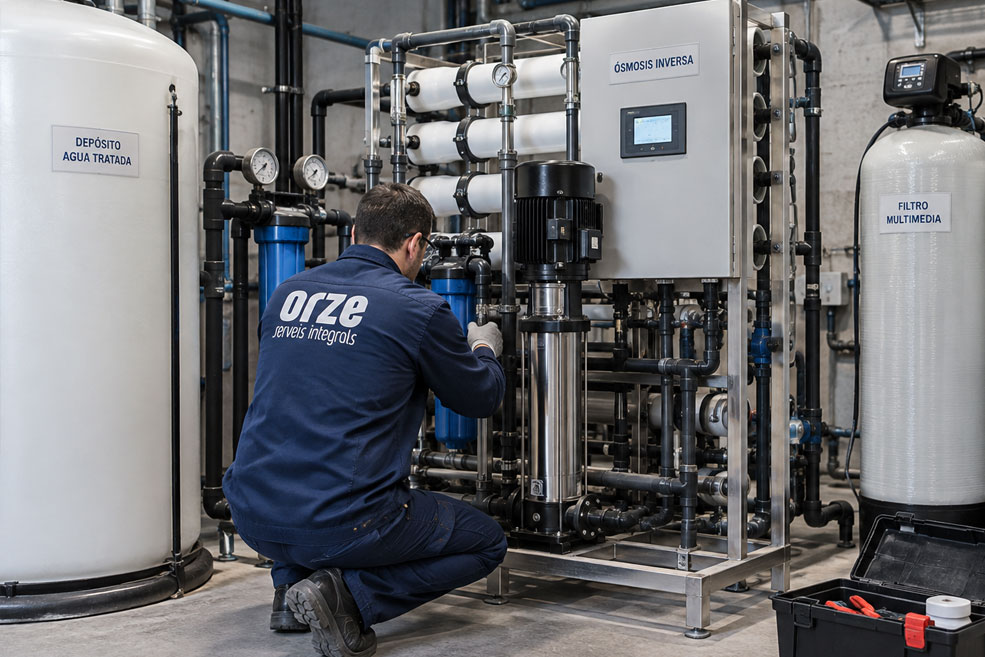Empresa de tratamientos de agua para uso industrial en Barcelona Un trabajador con uniforme azul está ajustando equipos en una planta de tratamiento de agua. La instalación incluye grandes tanques y un panel de control con la etiqueta «Ósmosis inversa». Los contenedores cercanos están marcados como «Depósito de agua tratada, El trabajador está arrodillado y parece estar realizando tareas de mantenimiento o inspección.