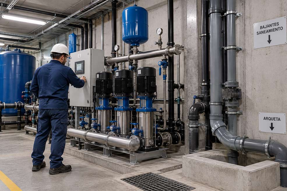 Instalación y mantenimiento de fontanería industrial grupo de presión, acumulación y saneamiento en Barcelona Un trabajador con casco y uniforme opera un panel de control en una sala industrial. La sala contiene varias tuberías, un gran tanque de presión azul y bombas. El lugar parece ser una planta de tratamiento de agua o una instalación de fontanería, con letreros en la pared que indican las direcciones de drenaje.