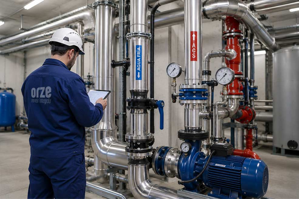 Un técnico con uniforme azul y casco blanco está inspeccionando grandes tuberías industriales en una instalación. Sostiene una tableta y se encuentra frente a un sistema de tuberías plateadas con las etiquetas «AGUA FRÍA» y «ACS», además de manómetros y un motor azul. Al fondo se observan más tuberías y equipos industriales.